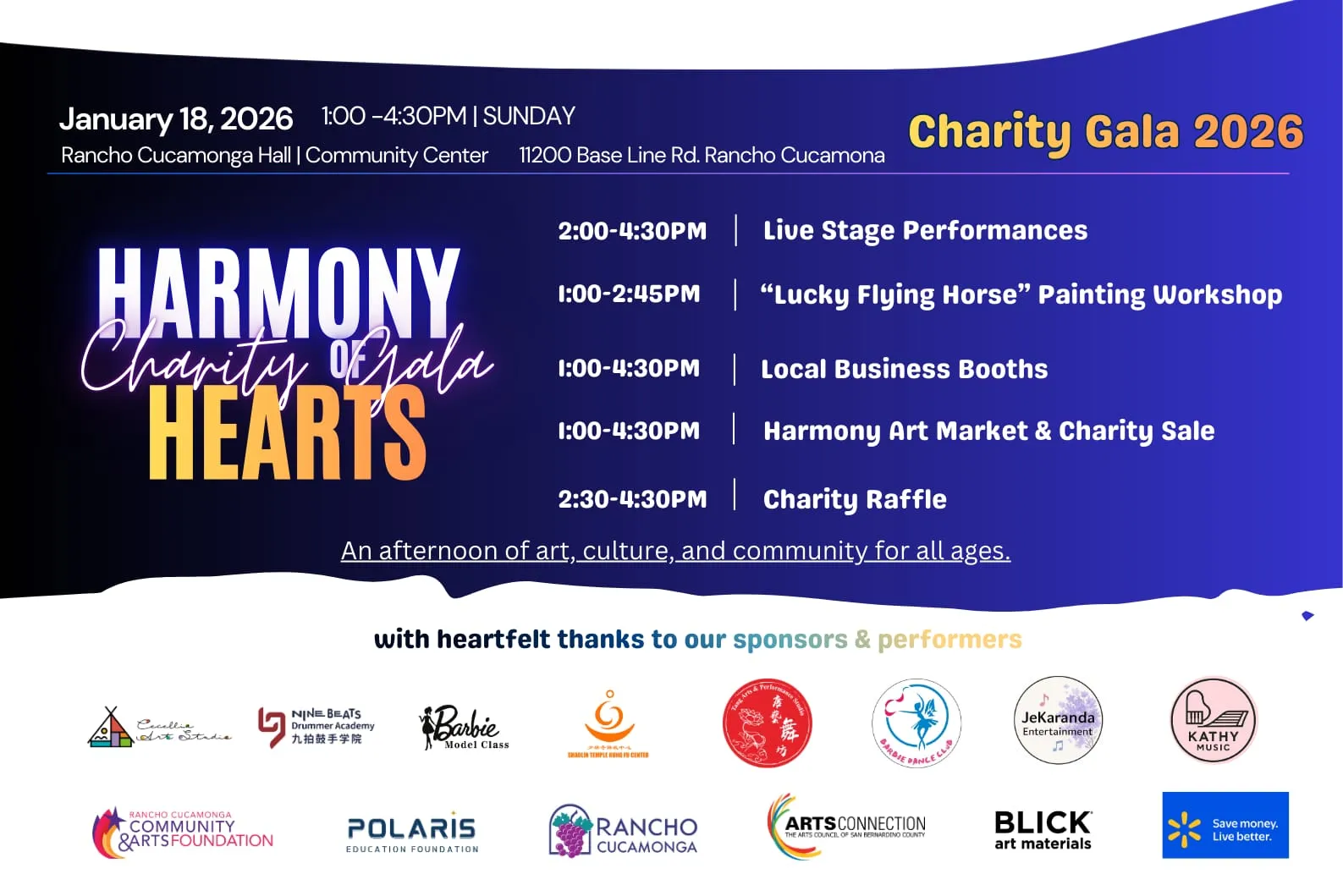 Flyer for the Harmony of Hearts Charity Gala 2026, listing the afternoon’s program and its sponsors and performers.