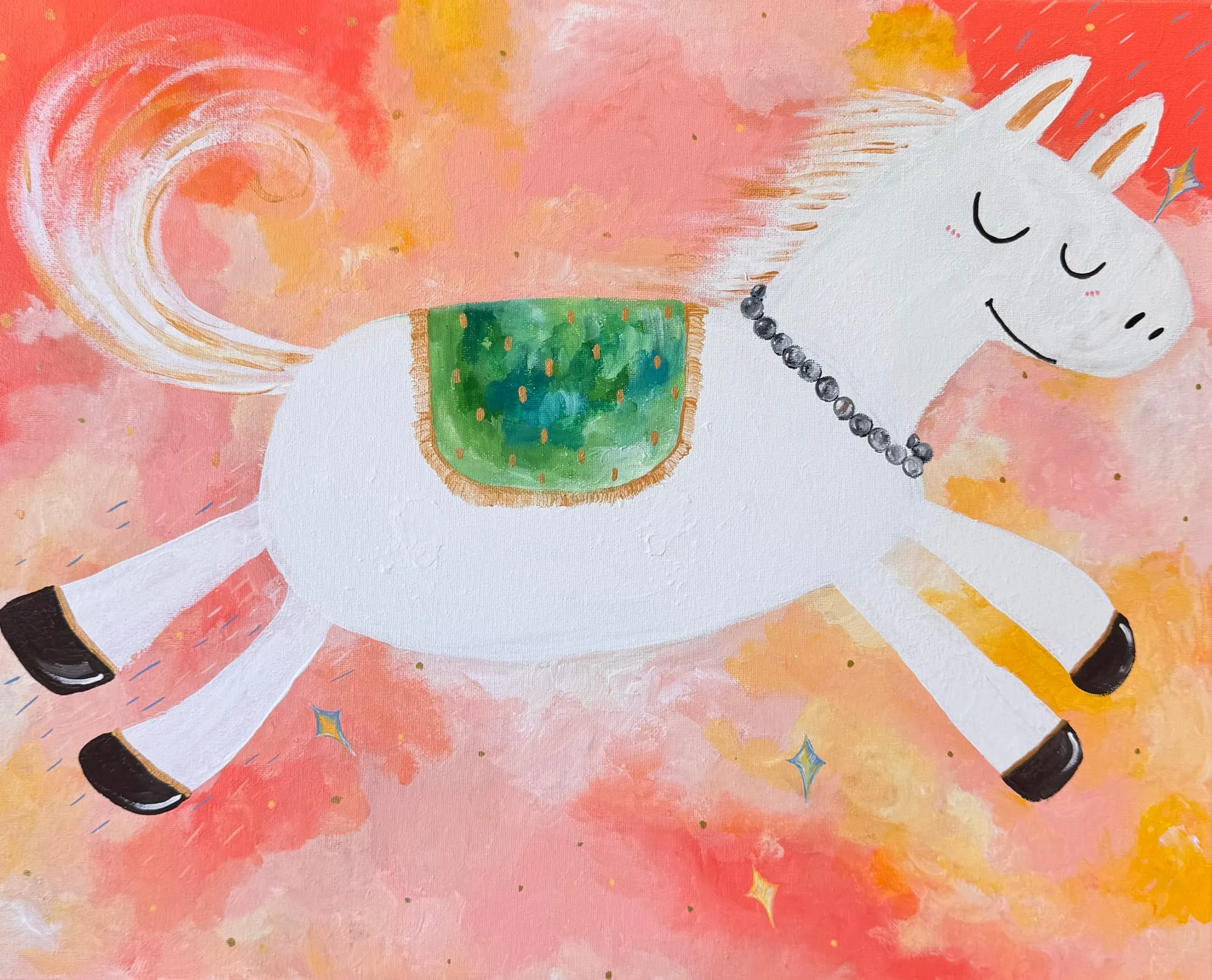 A finished “Lucky Flying Horse” painting — a smiling white horse leaping across a coral sky.